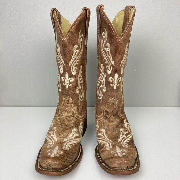 Corral Cortez Distressed Fleur De Lis Embroidered Western Boots Square Toe 6.5 M - Picture 2 of 8